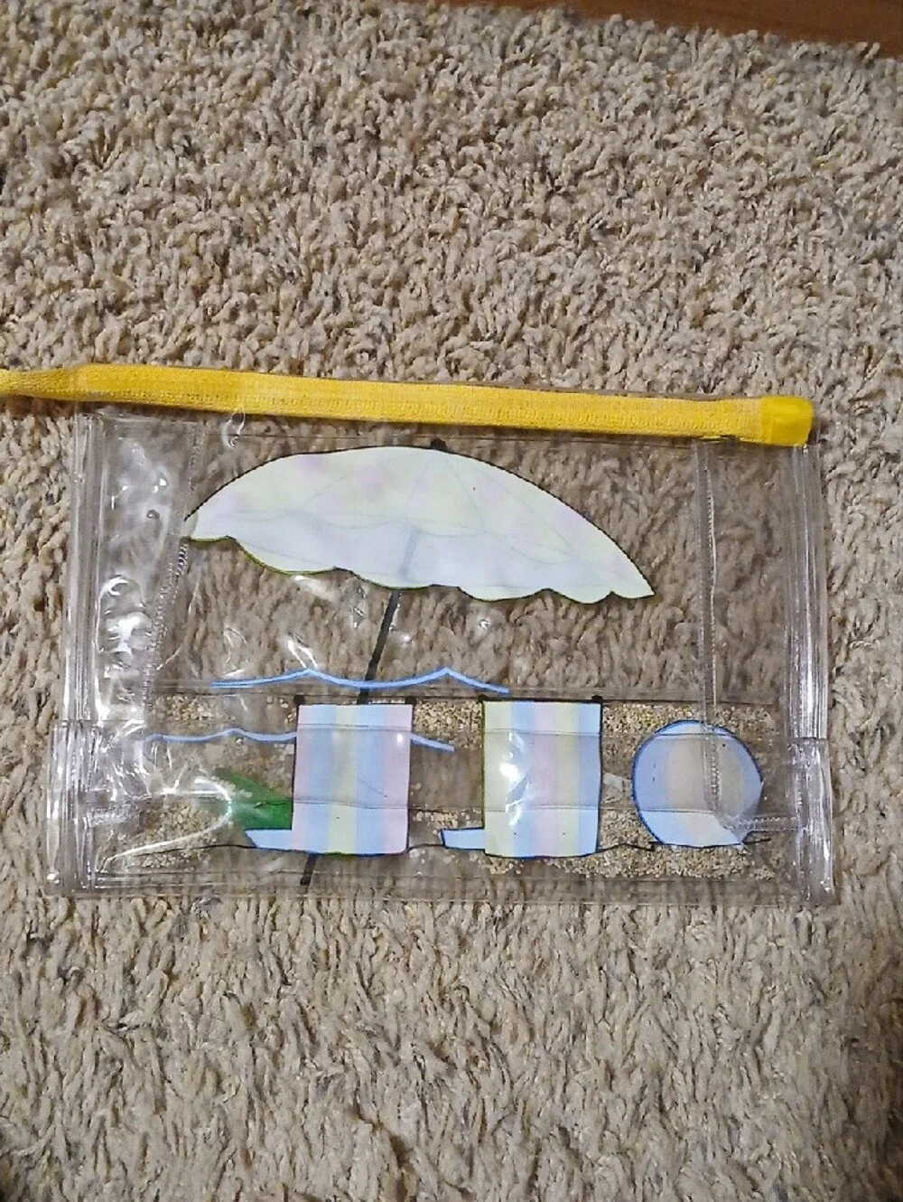 Clear Cosmetic Pouch with Yellow Trim and Beach Umbrella Graphic
